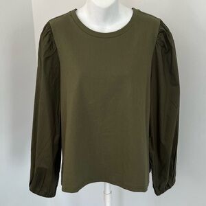 Gap NWT Puff Sleeve Army Green Cotton Top